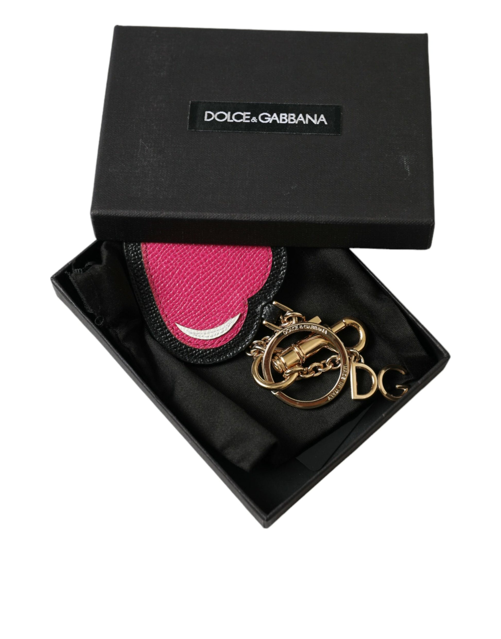 Pink Black Heart Leather Gold Tone Brass Keyring Keychain