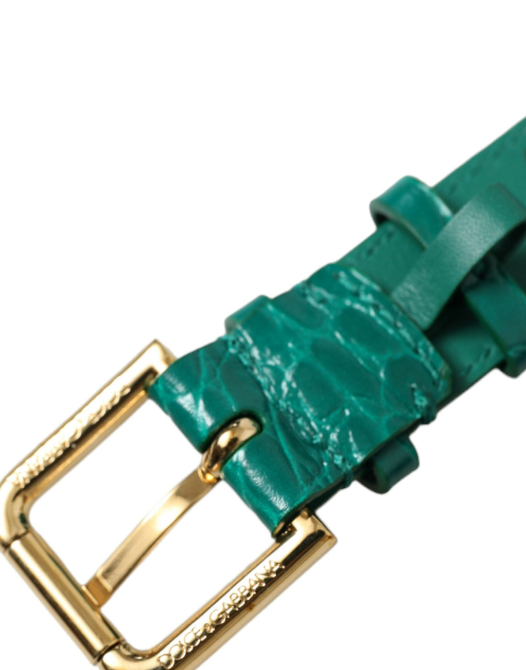Green Textured Leather Gold Tone Metal Buckle Neckband