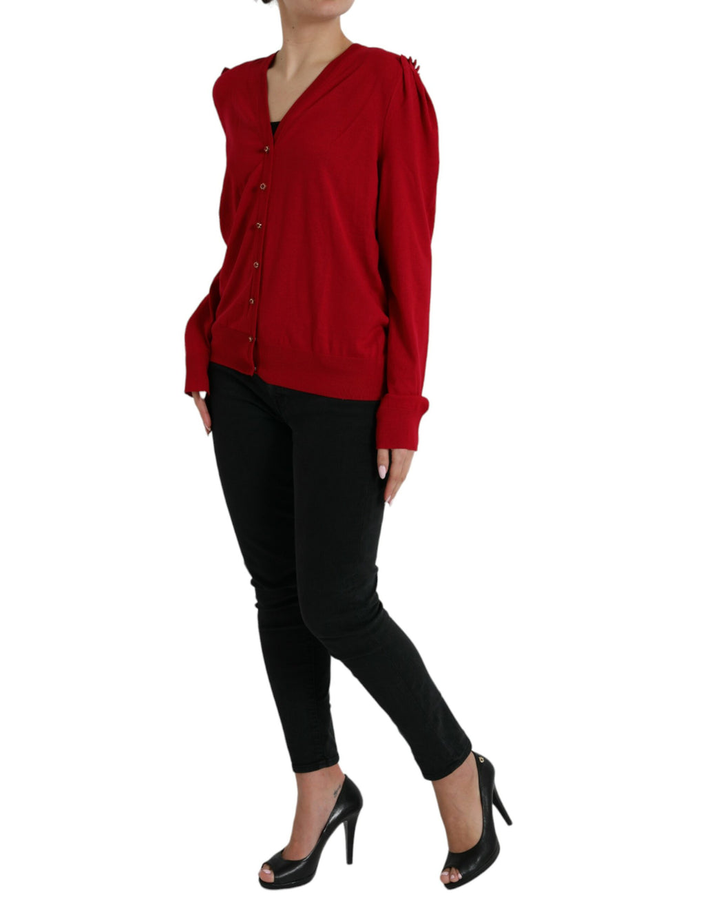 Red Wool V-neck Buttoned Cardigan Sweater