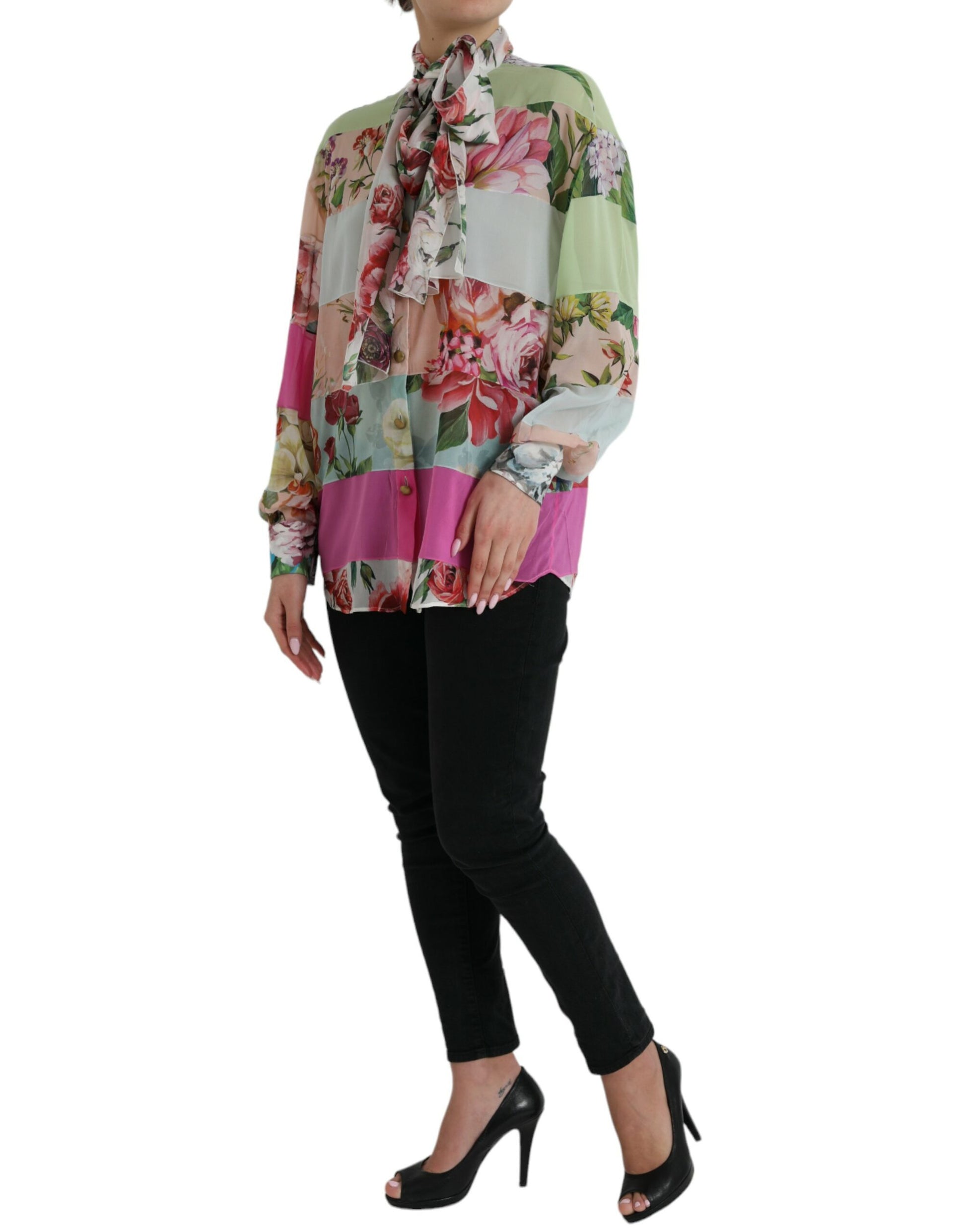Multicolor Floral Patchwork Ascot Collar Top