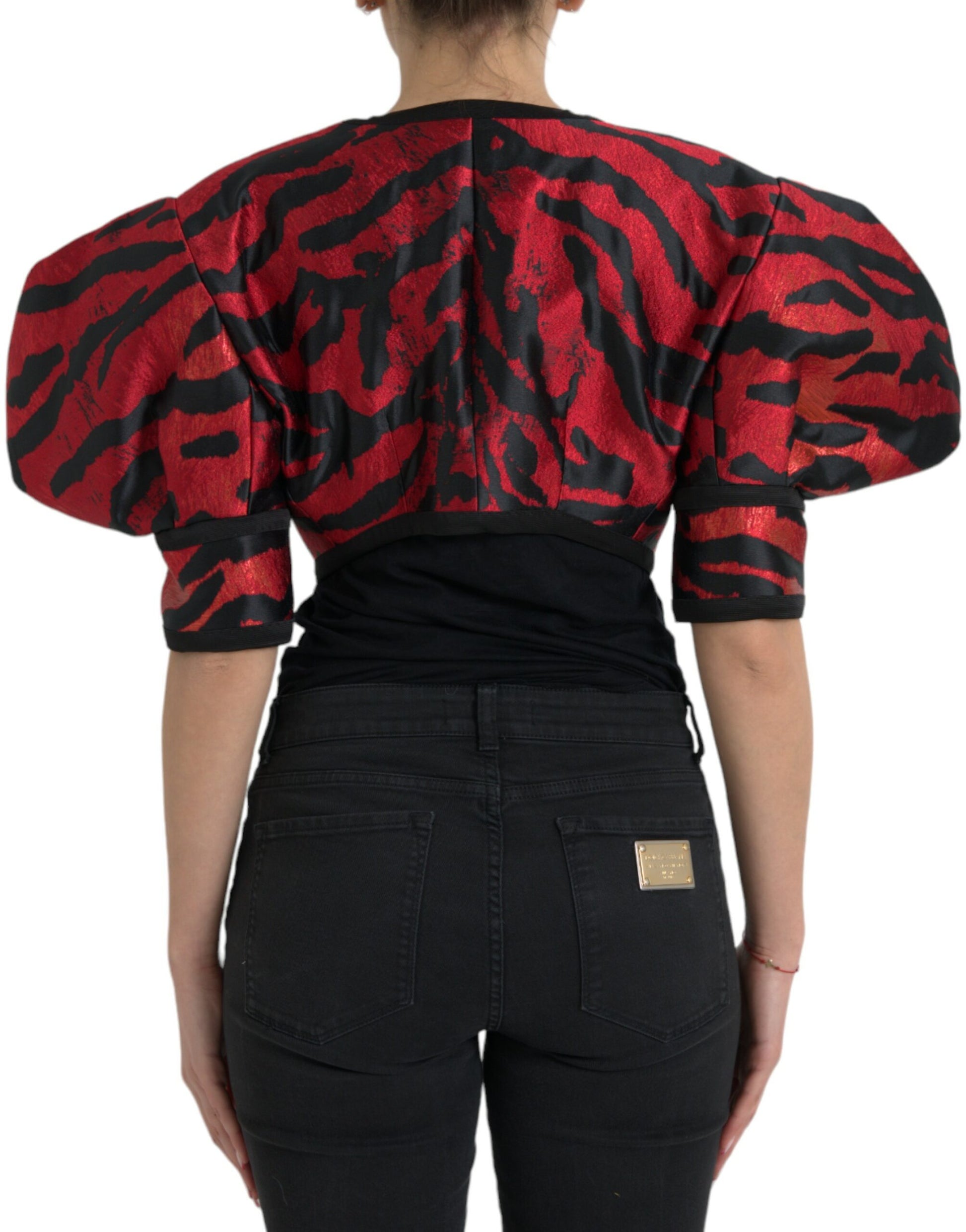 Black Red Patterned Cropped Coat Jacket