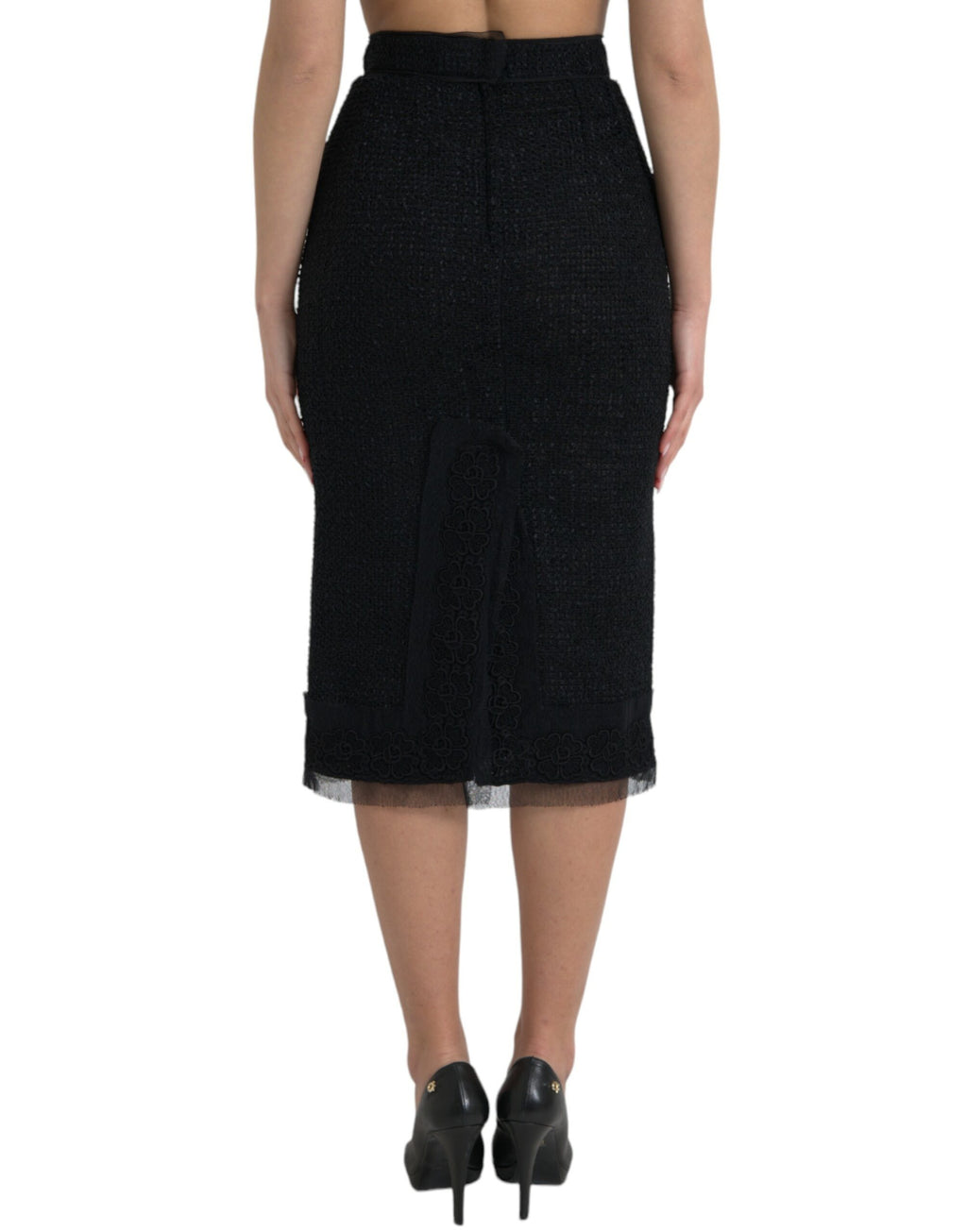 Black Wool High Waist Pencil Cut Midi Skirt