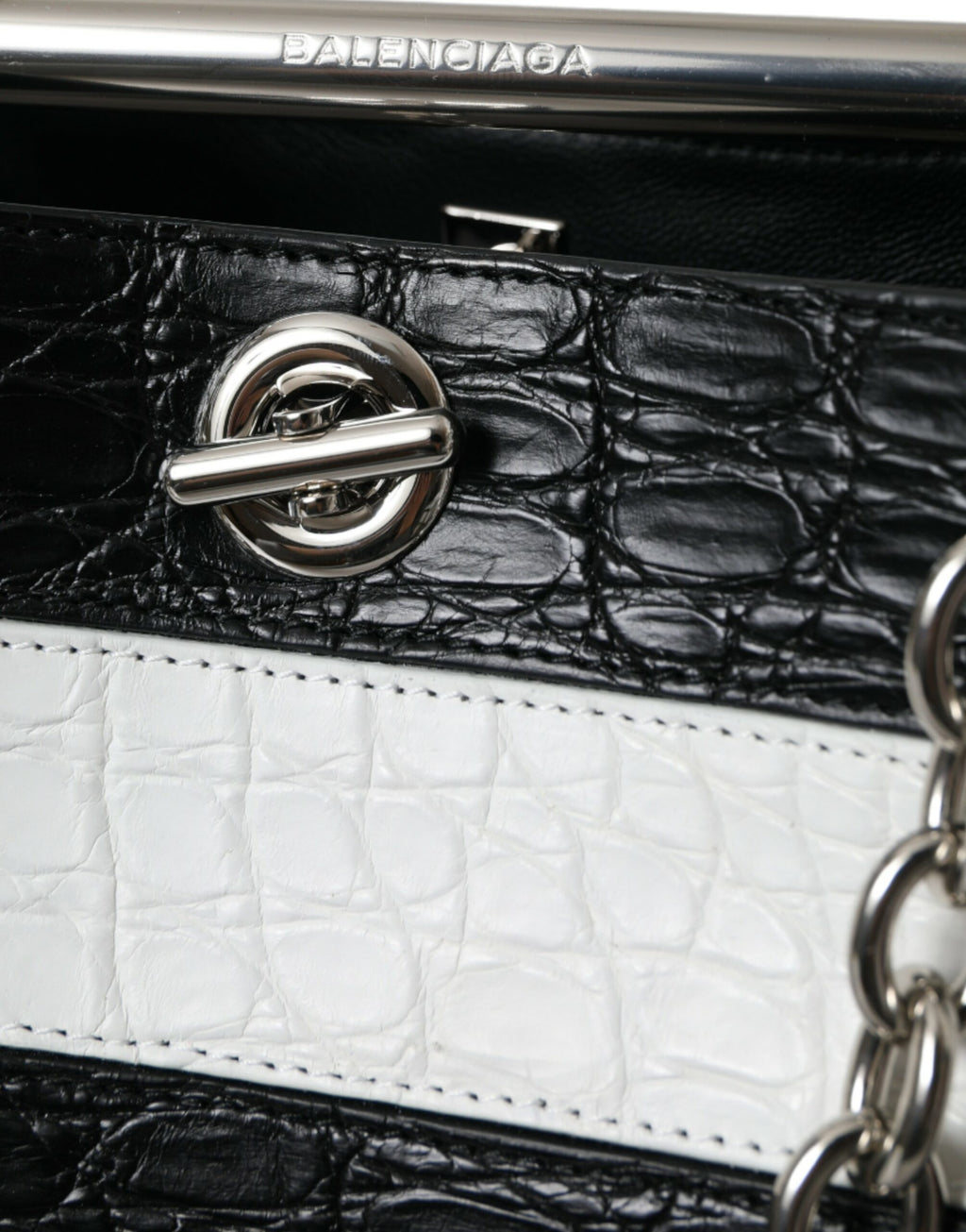 Black White Striped Exotic Skin Leather Maxi Bucket Tote Bag