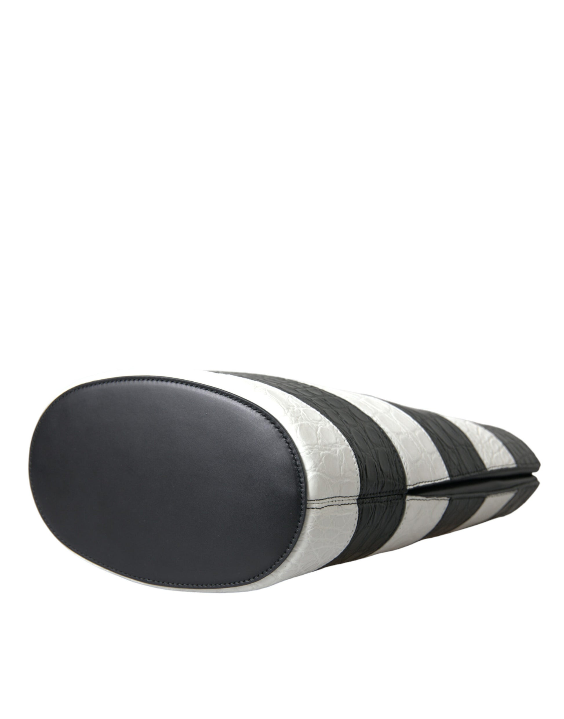 Black White Striped Exotic Skin Leather Maxi Bucket Tote Bag