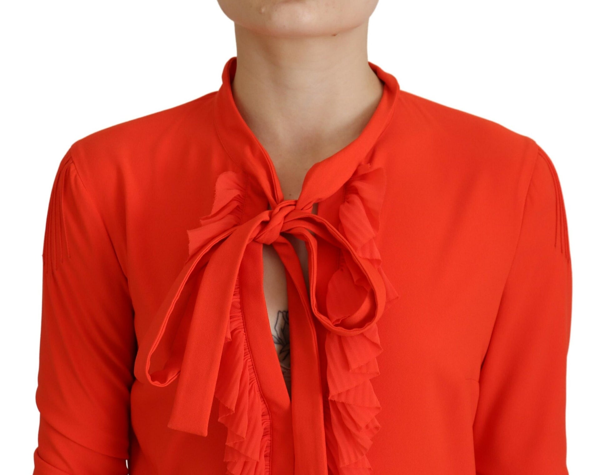 Red Polyester Long Sleeves Pleated Midi Dress
