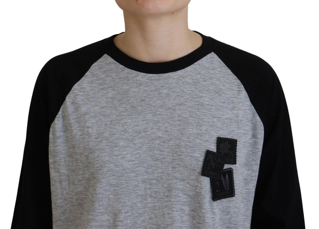 Black Gray Cotton Raglan Long Sleeves Casual Top