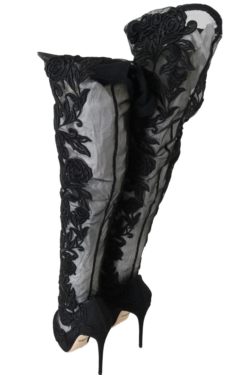 Black Floral Embroidered Socks Boots