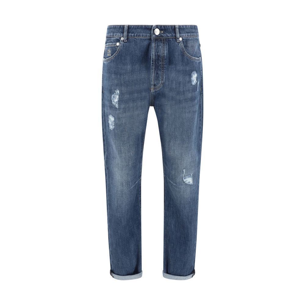 Blue Cotton Straight-Leg Jeans