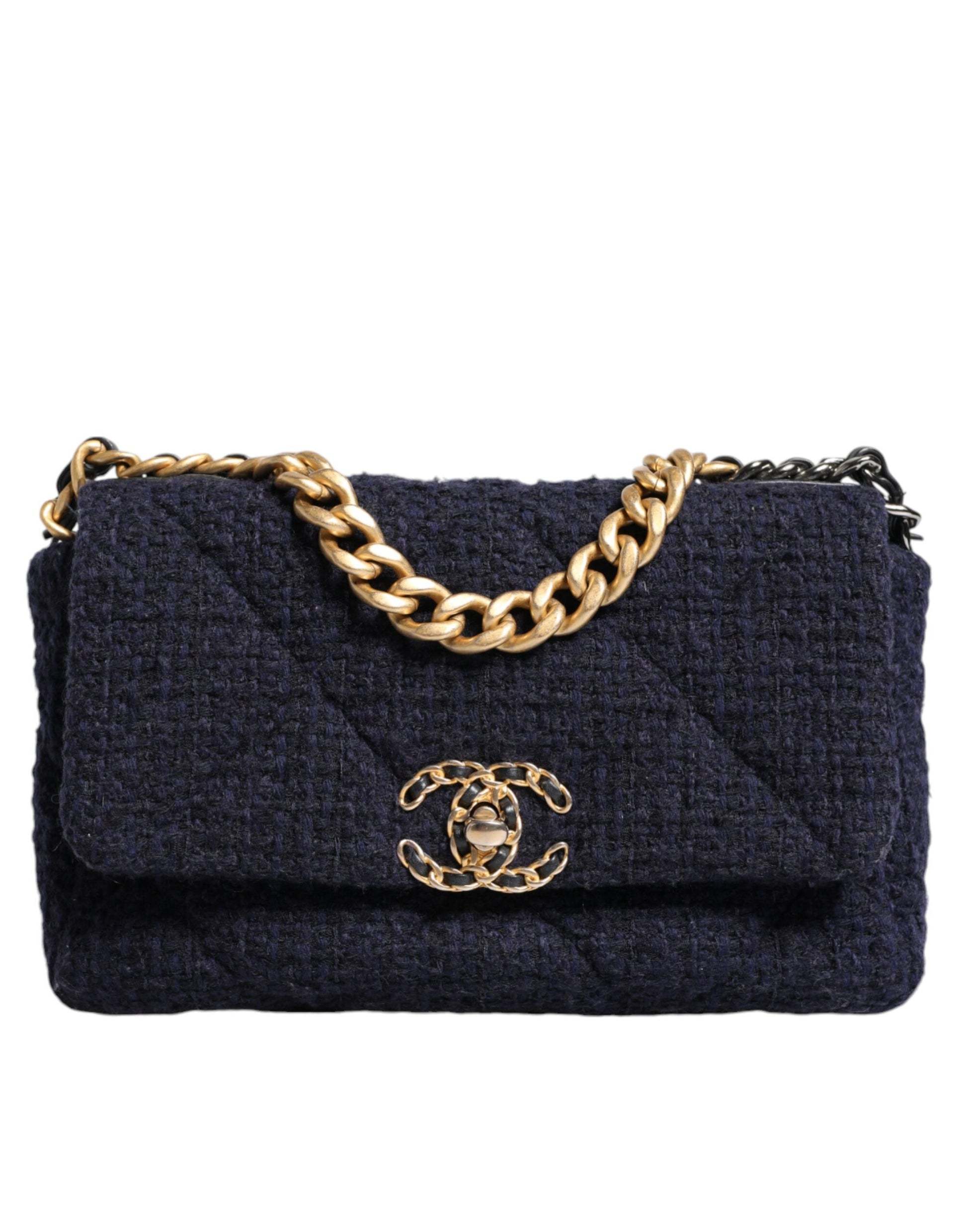 Dark Blue Medium Flap Tweed CC Gold Gray Chain Shoulder Bag