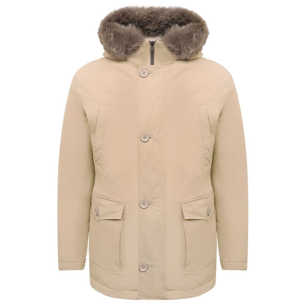 Beige Nylon Men Jacket with Fur-Trimmed Hood