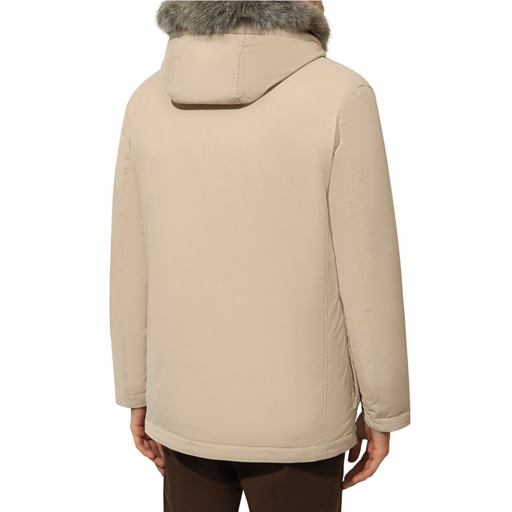 Beige Nylon Men Jacket with Fur-Trimmed Hood