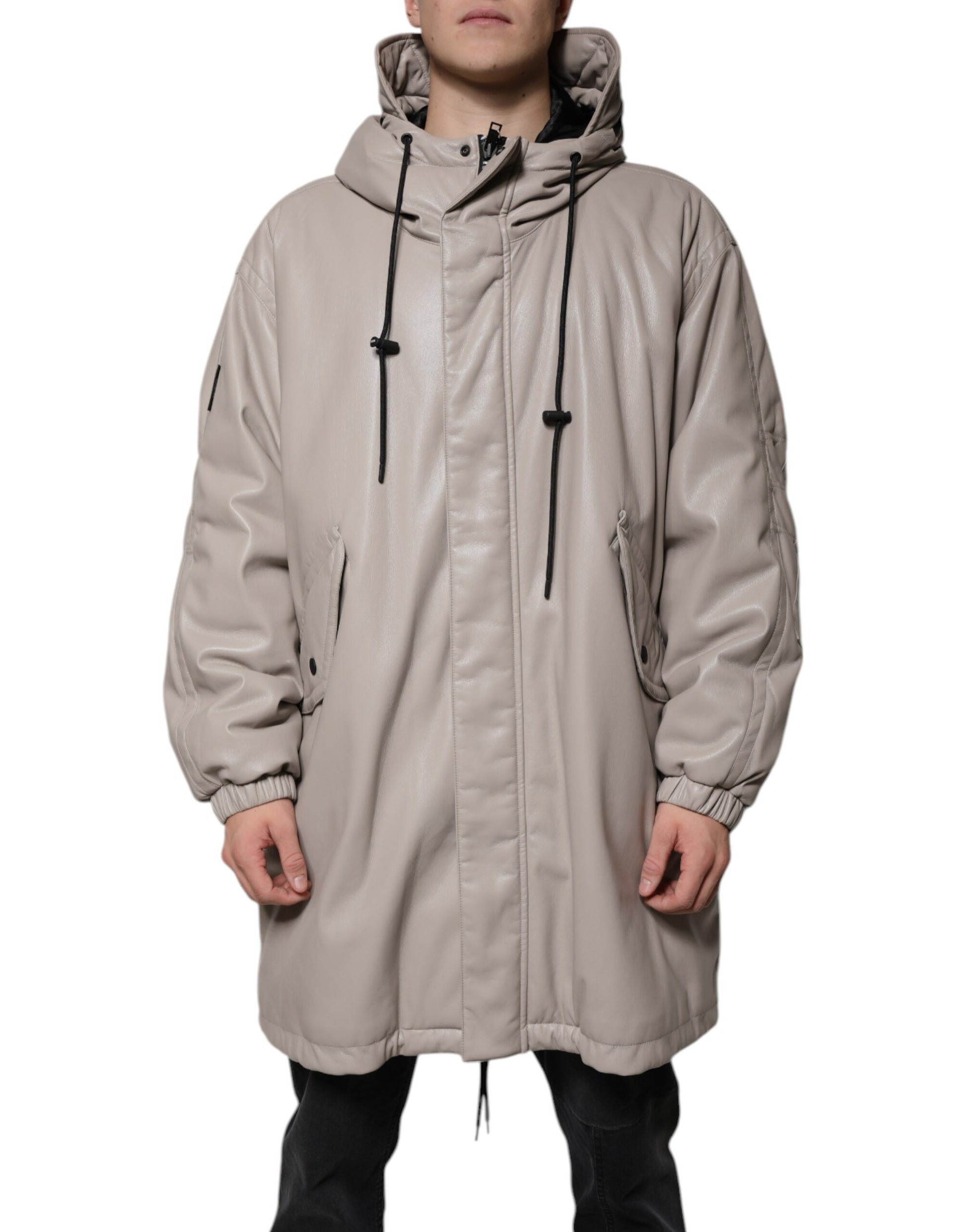 Beige Full Zip Hooded Long Sleeves Casual Coat Jacket