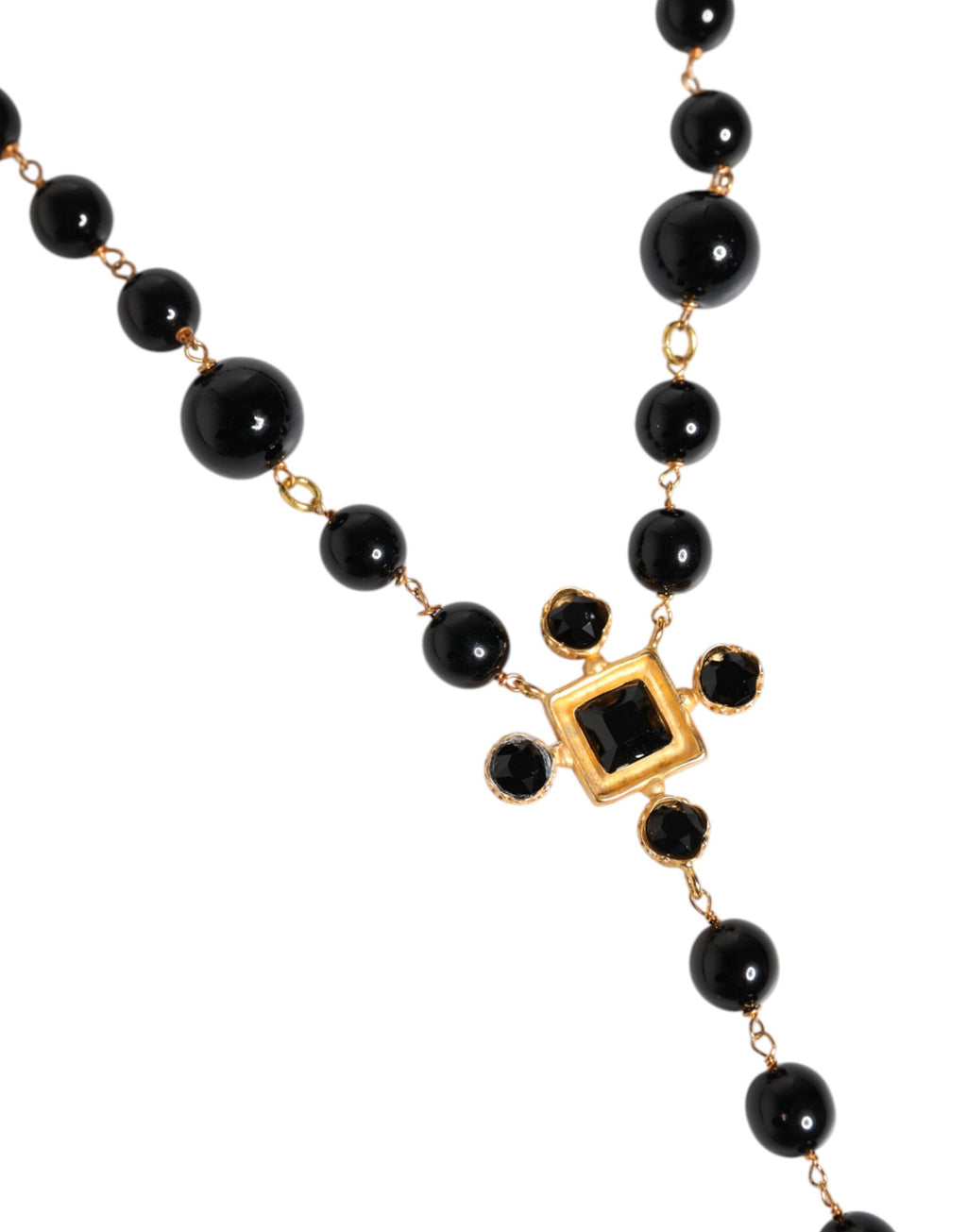Gold Tone Brass Cross Black Beaded Chain Rosary Necklace