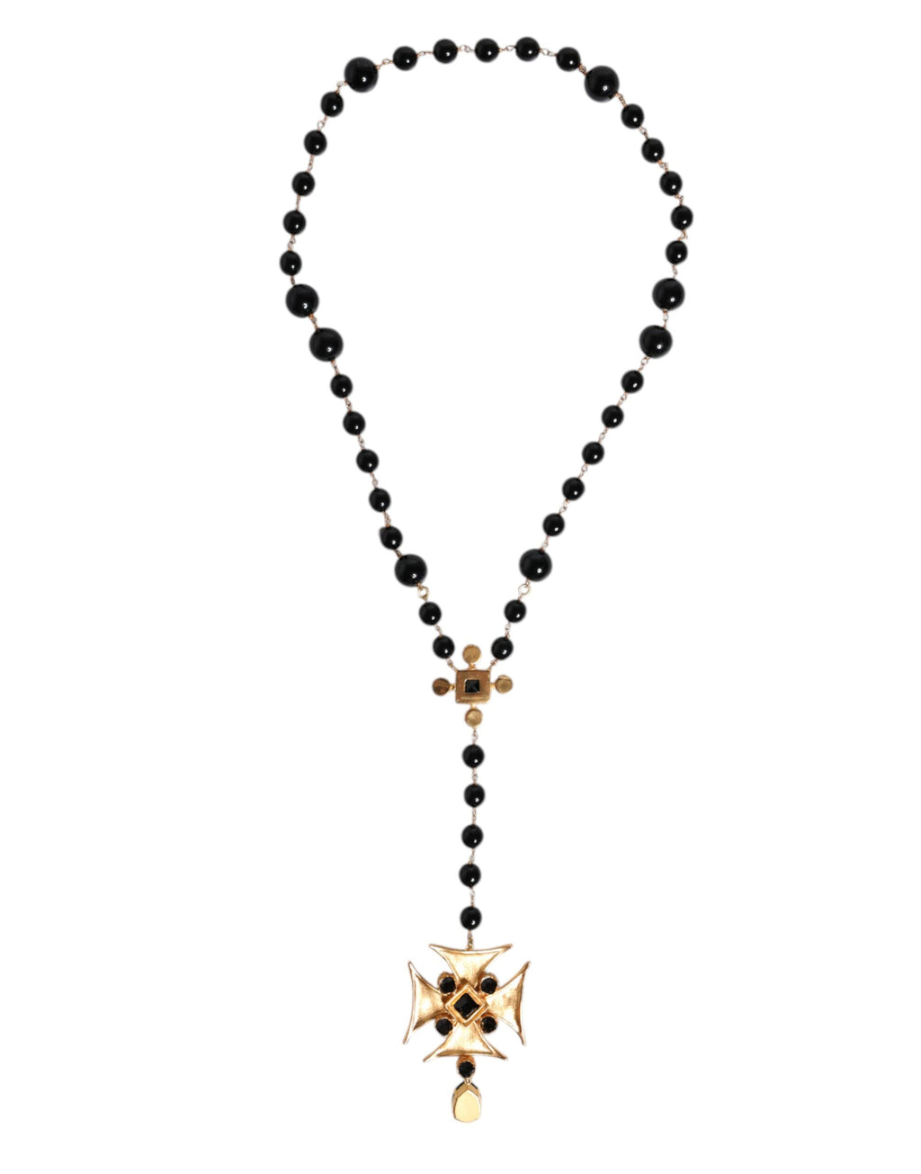 Gold Tone Brass Cross Black Beaded Chain Rosary Necklace
