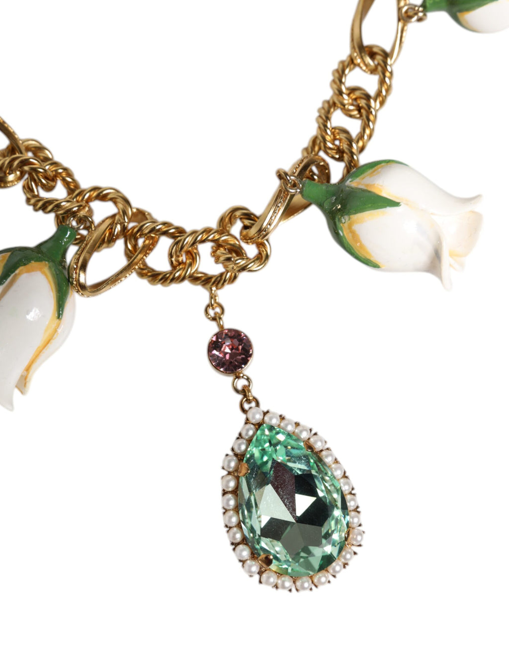 Gold Brass Short Chain Flower Crystal Pendant Necklace