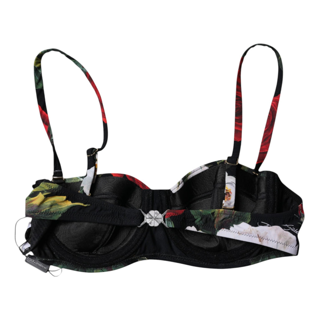 Black Floral Print Nylon Balconcino Bra Underwear