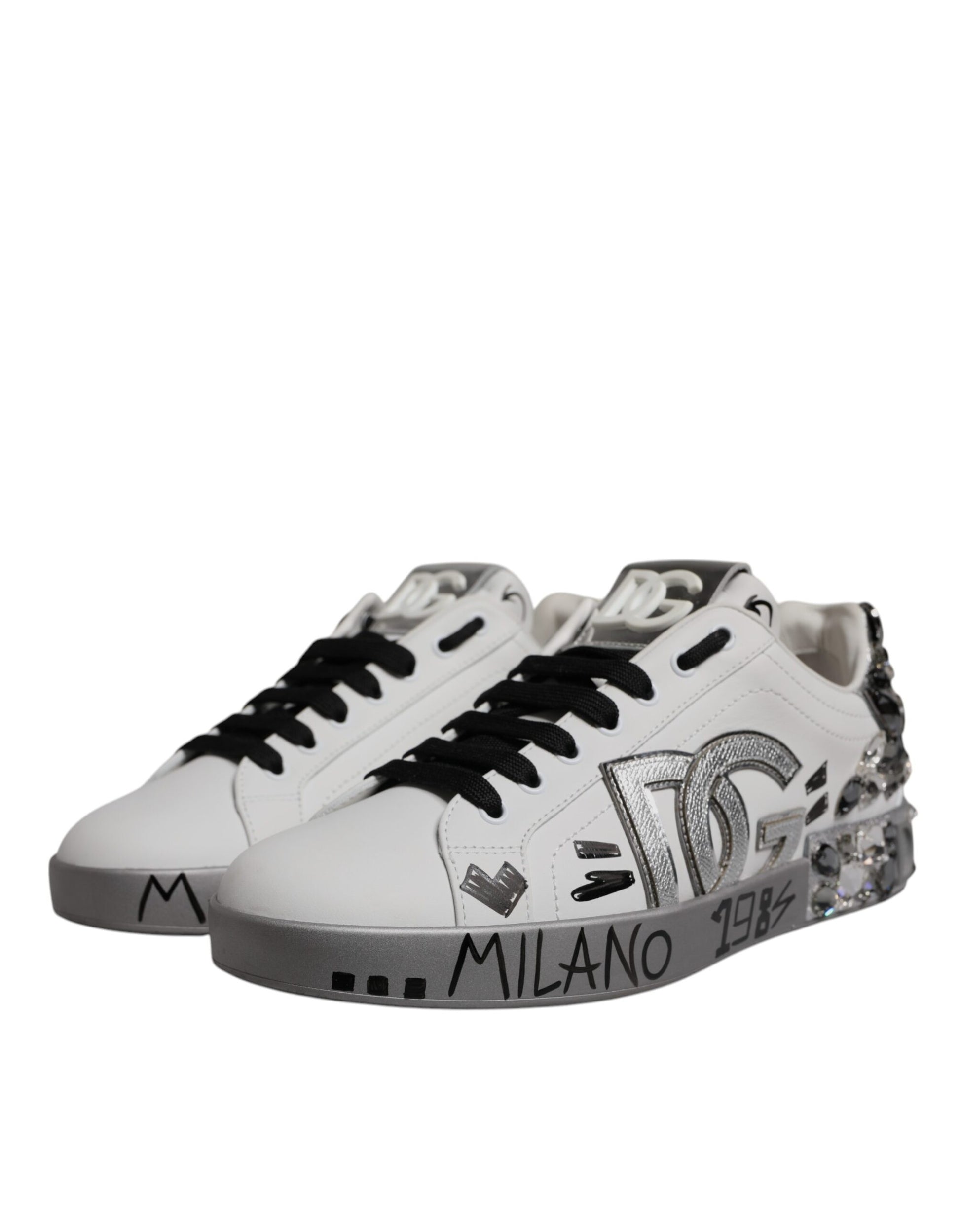 White Silver Crystal Logo Portofino Sneakers Shoes