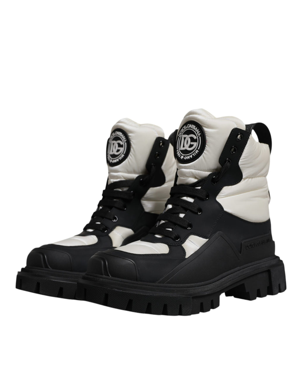 Black White Padded Mid Calf Lace Up Boots Shoes