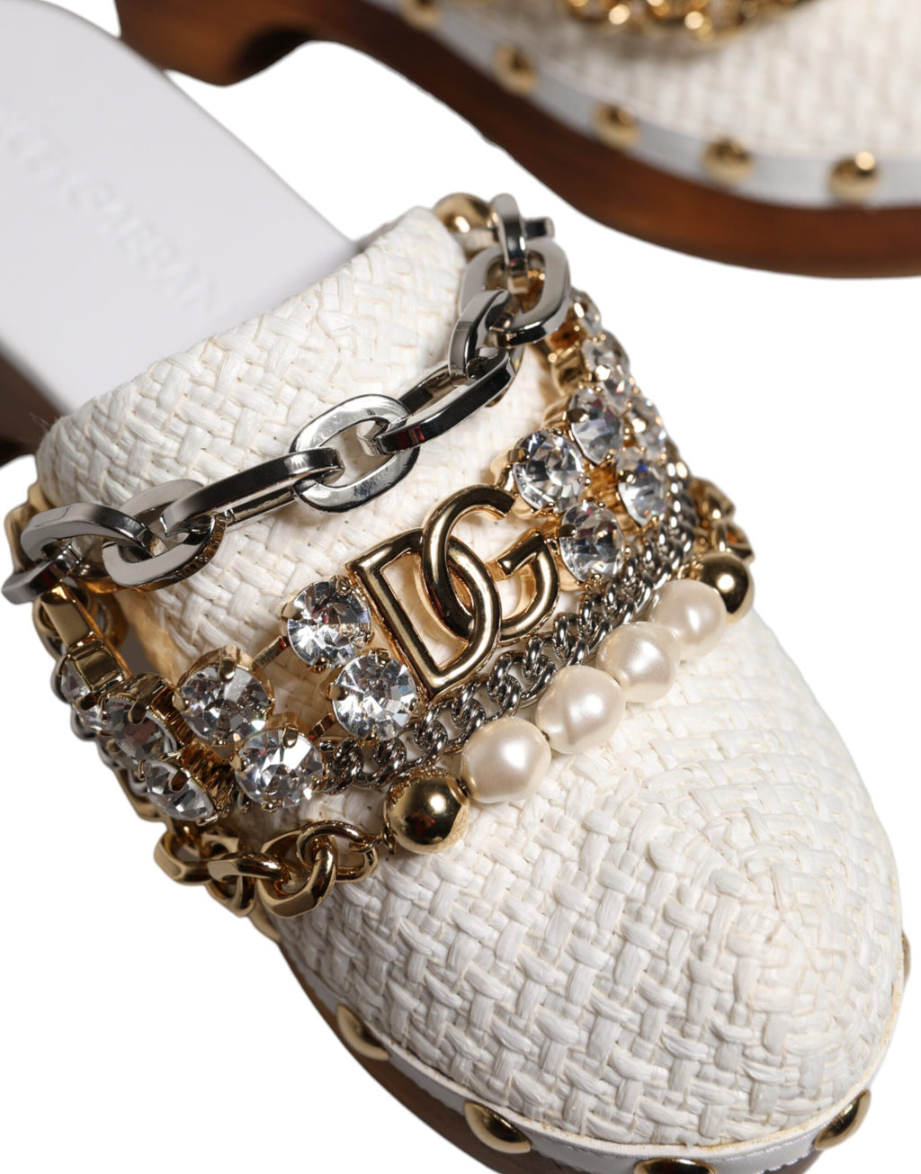 White Raffia Clogs Bejeweled Chain Sandals Shoes