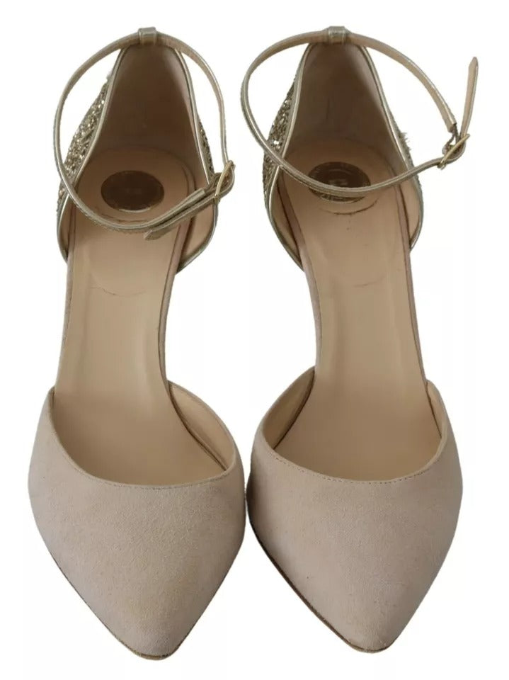 Beige Linen Ankle Strap High Heels Shoes