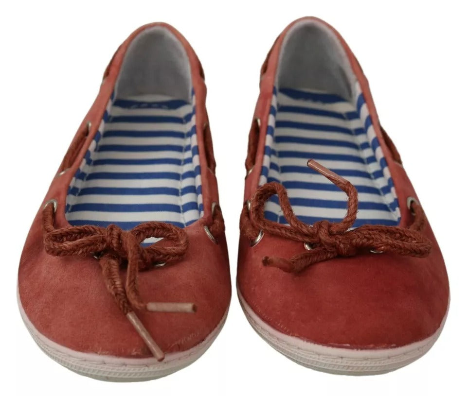 Coral Suede Lace Bow Loafers Ballet Flat Shoes