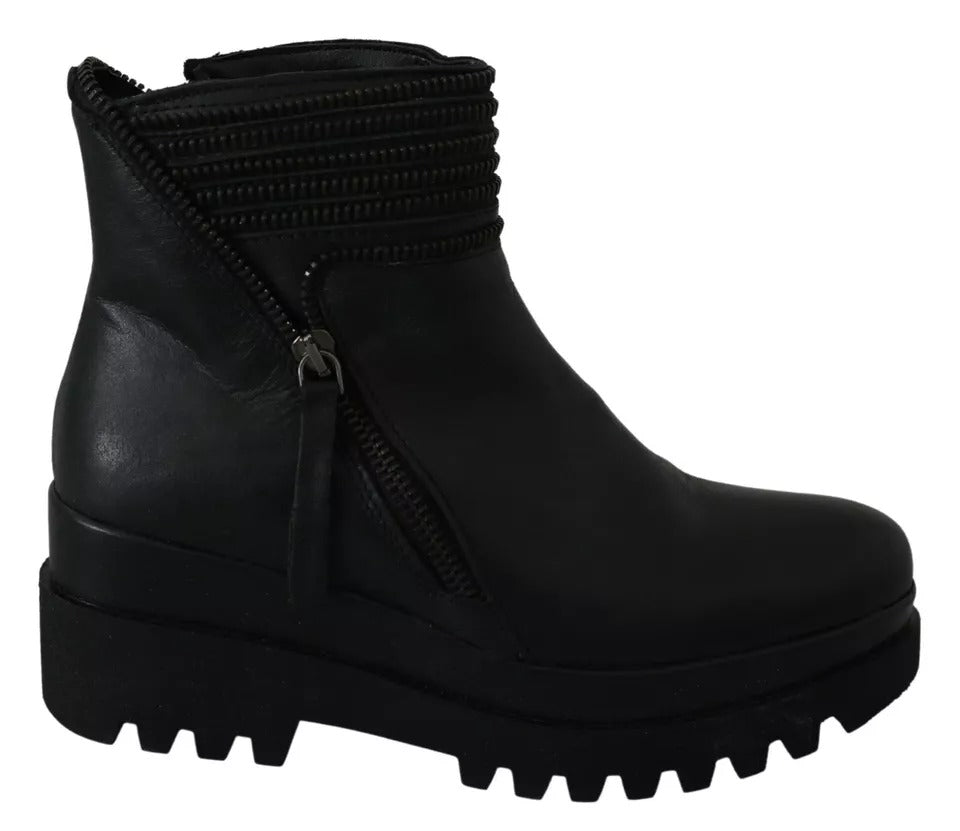 Black Leather Zipper Ankle Boots Shoes