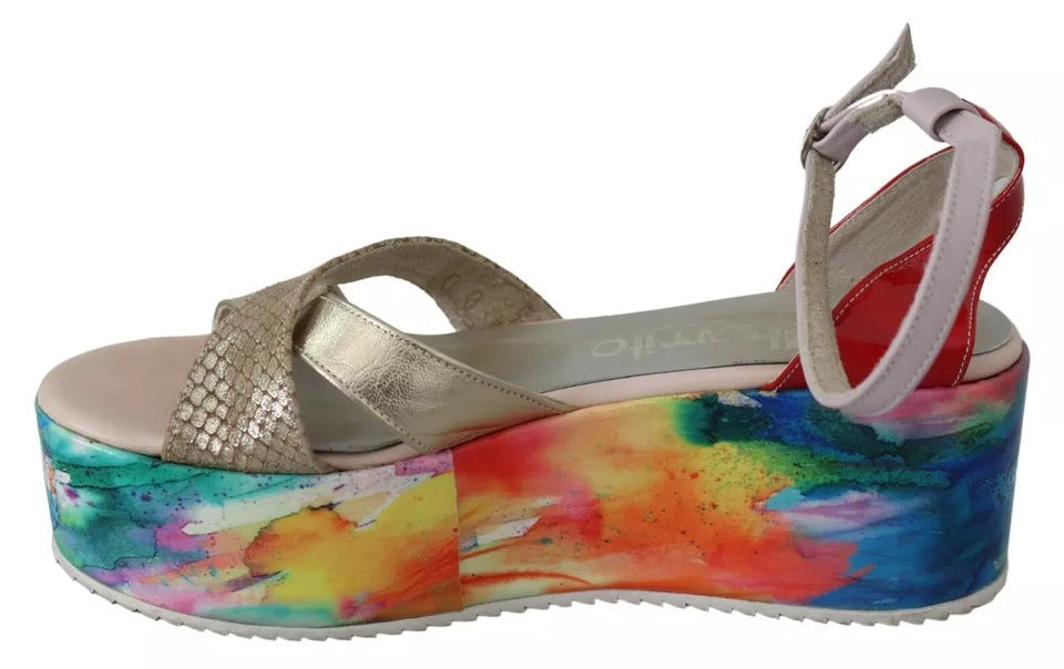 Multicolor Leather Ankle Strap Wedge Heel Sandals Shoes