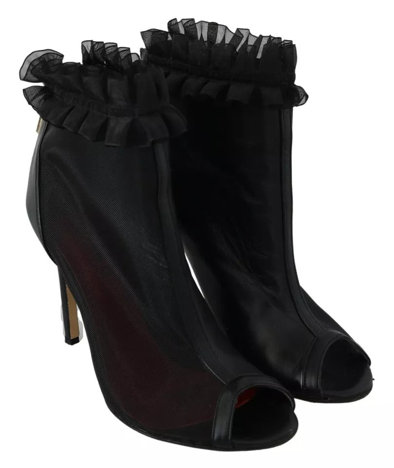 Black Leather Mesh Stiletto High Heels Peep Toe Boots Shoes