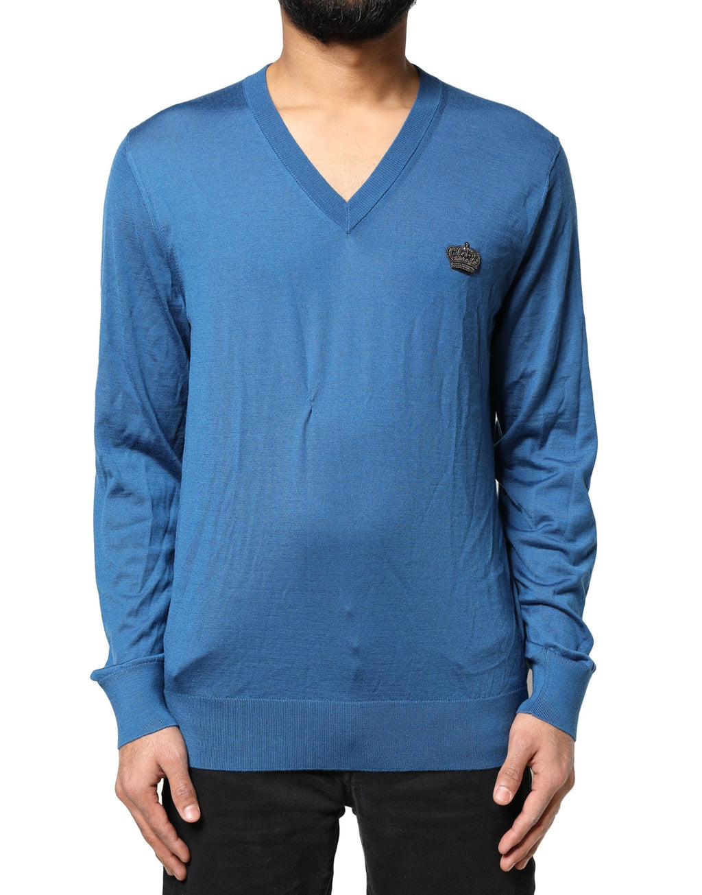 Blue Cashmere Crown V-neck Pullover Sweater