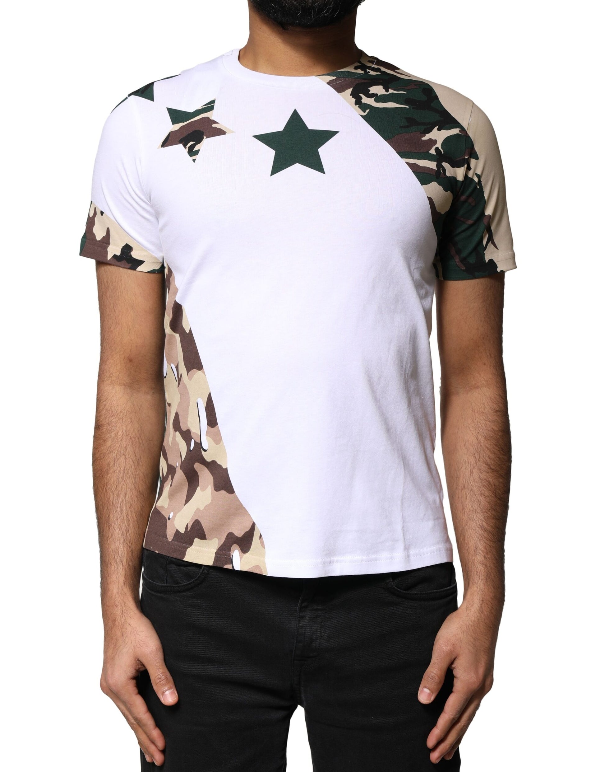 White Camouflage Stars Crew Neck T-shirt