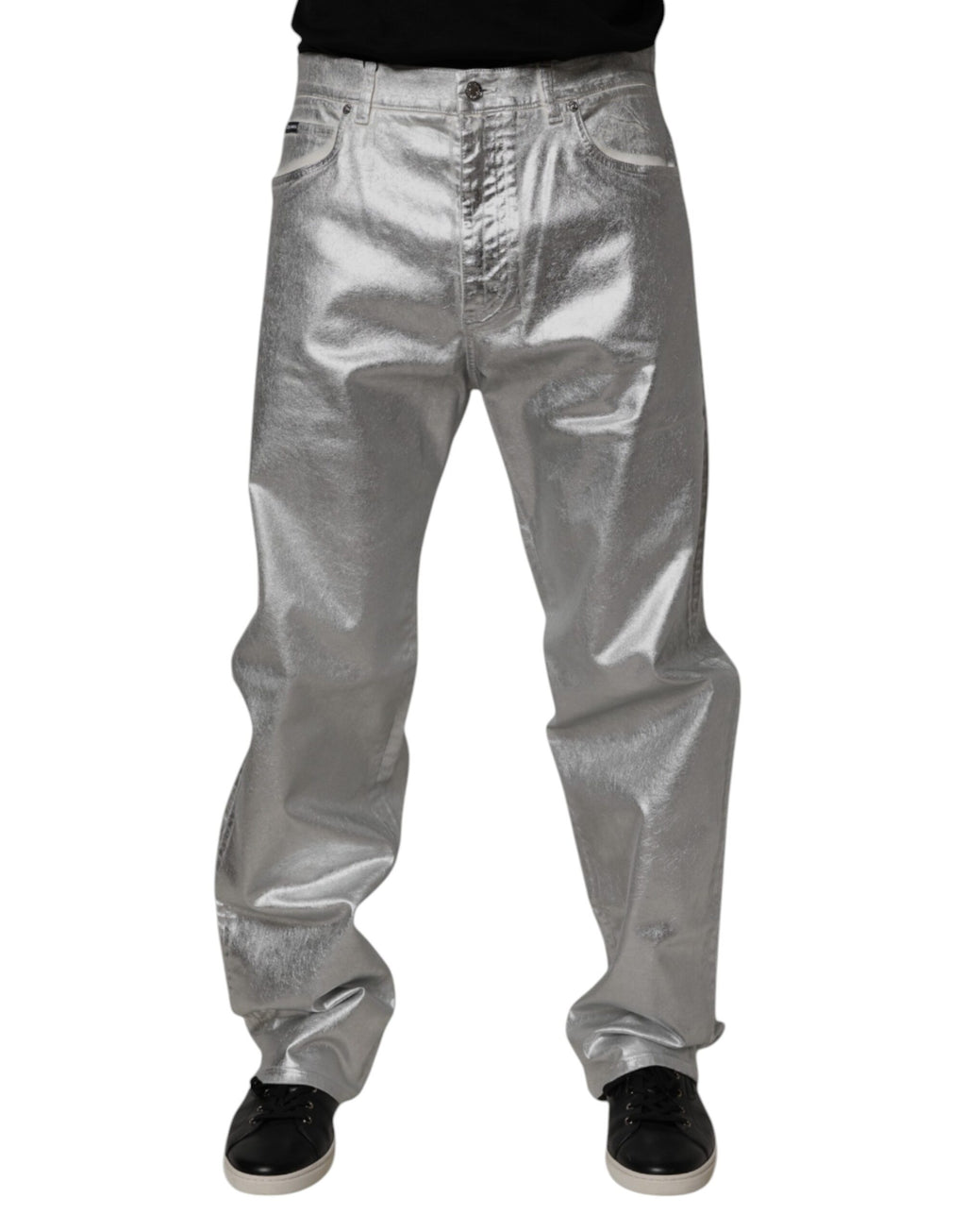 Metallic Silver Cotton Straight Denim Jeans
