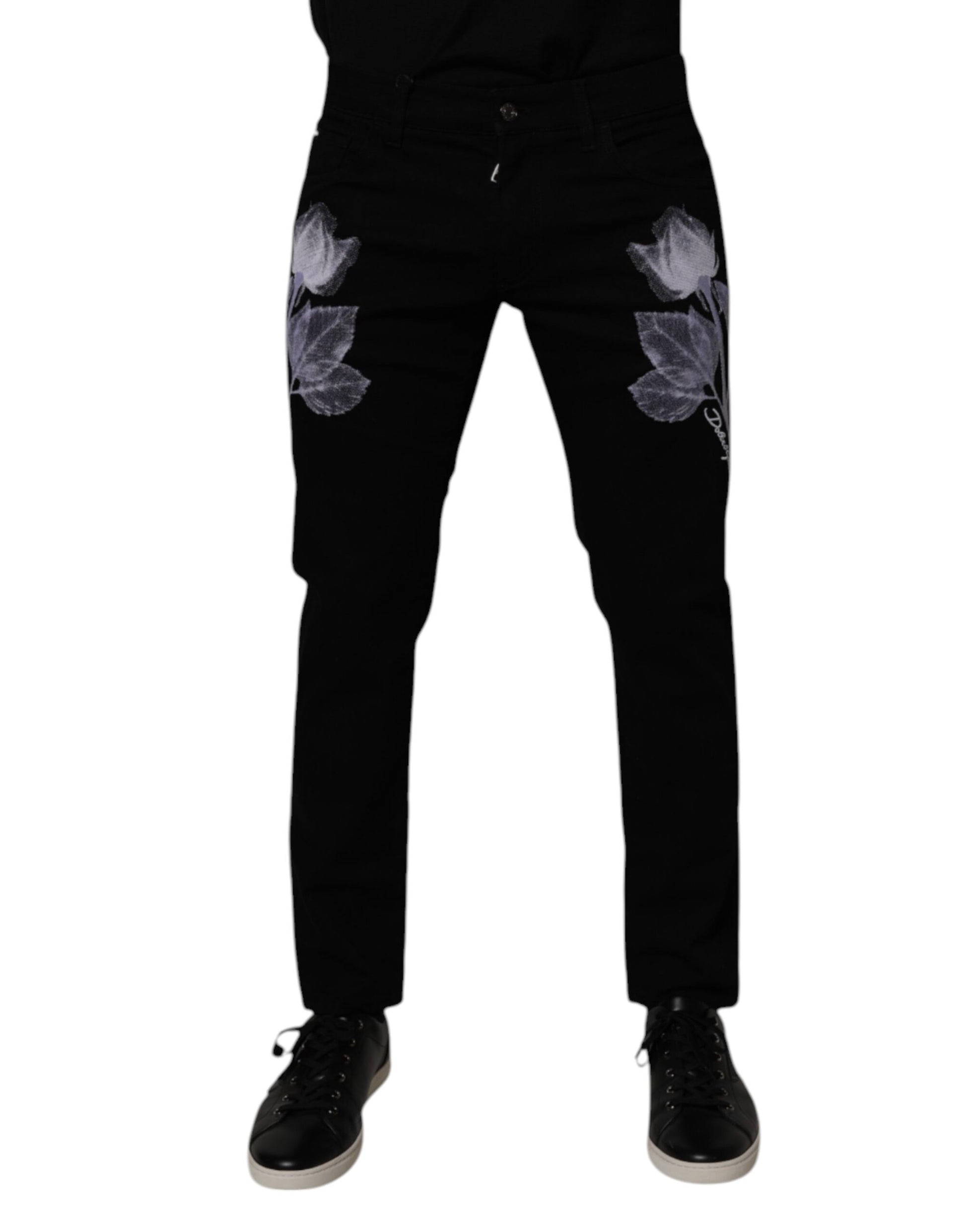 Black Floral Cotton Skinny Men Denim Jeans