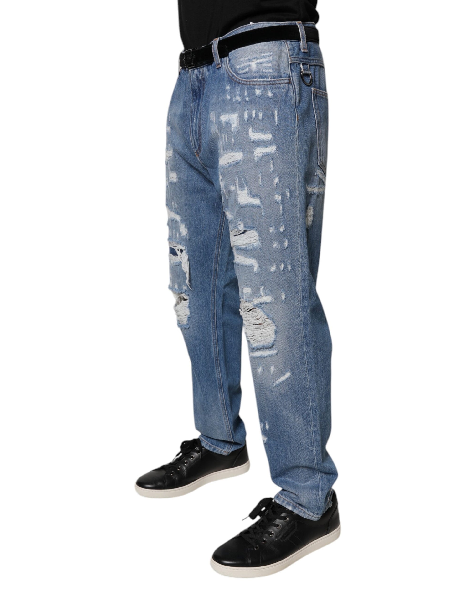 Blue Tattered Straight Cotton Denim Jeans