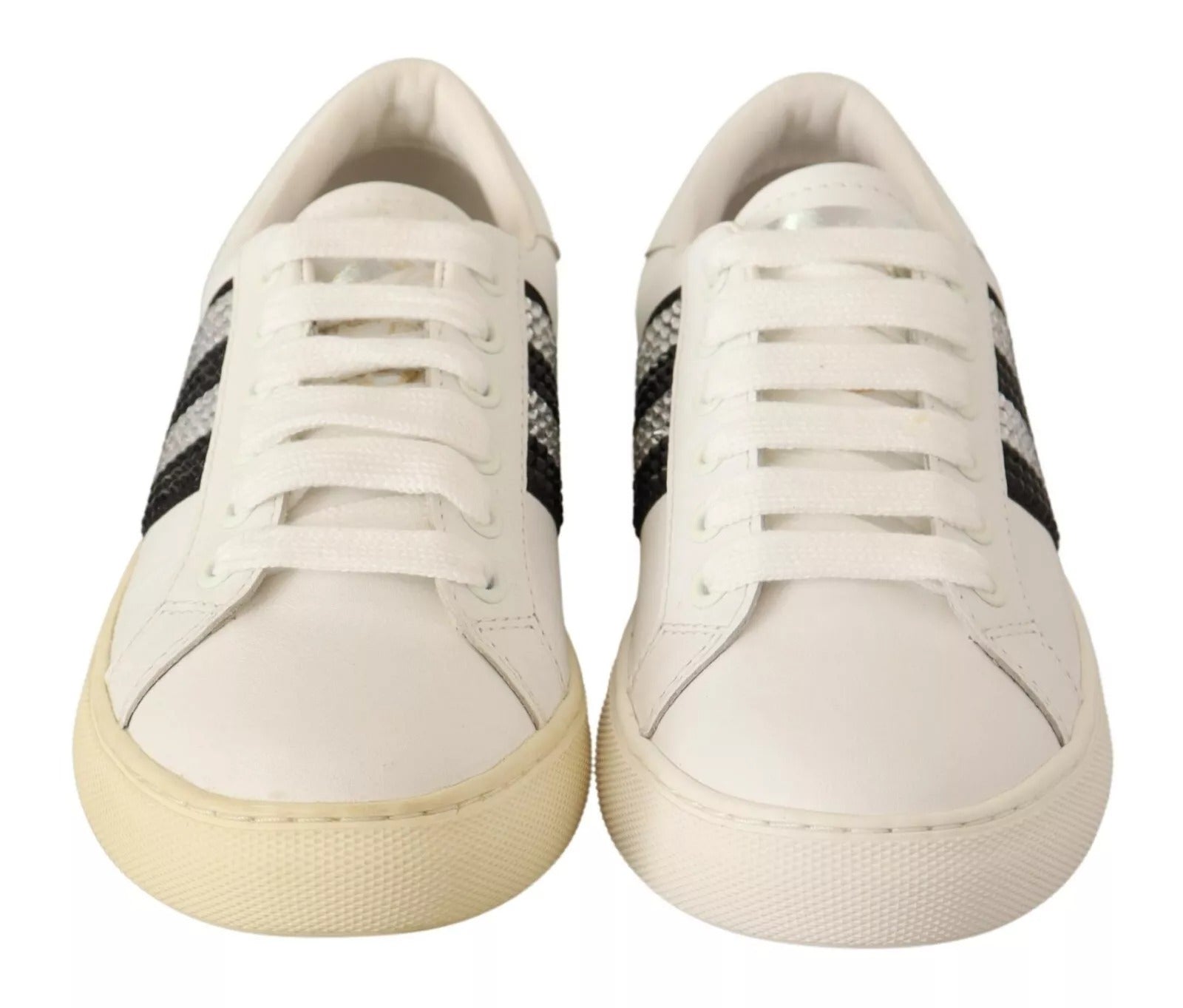 White Leather Crystal Embellished Sneakers Shoes