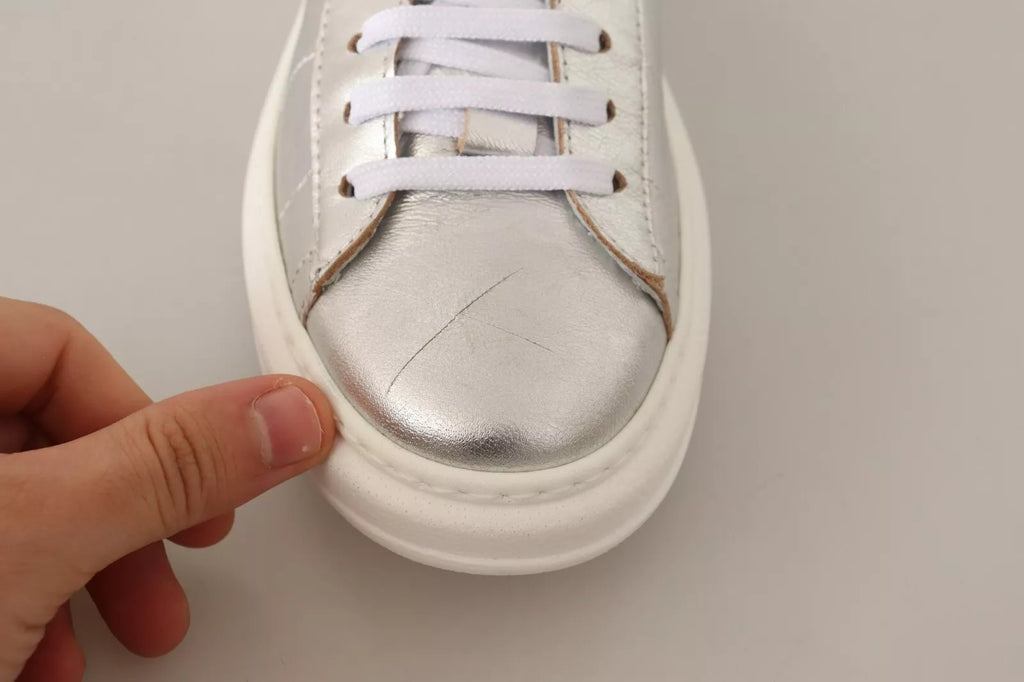 Silver Full Grain Leather Lace Up Sneakers Shoes
