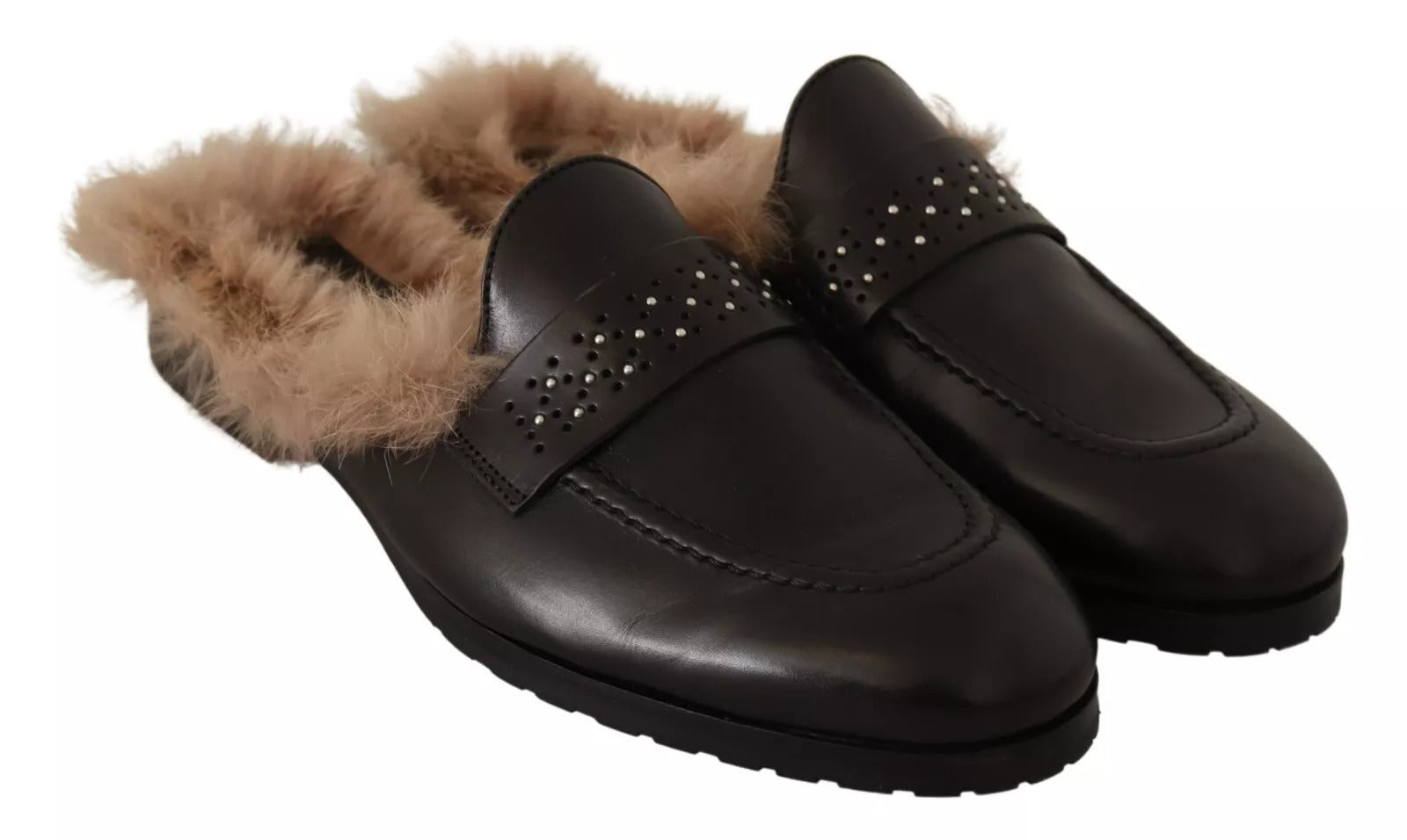 Black Leather Fur Perforated Slip On Flats Shoes