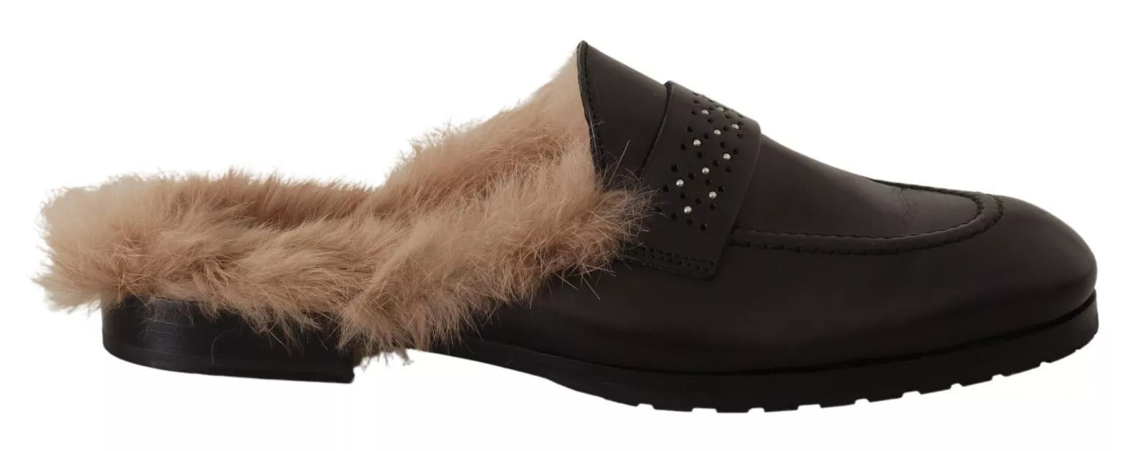 Black Leather Fur Perforated Slip On Flats Shoes