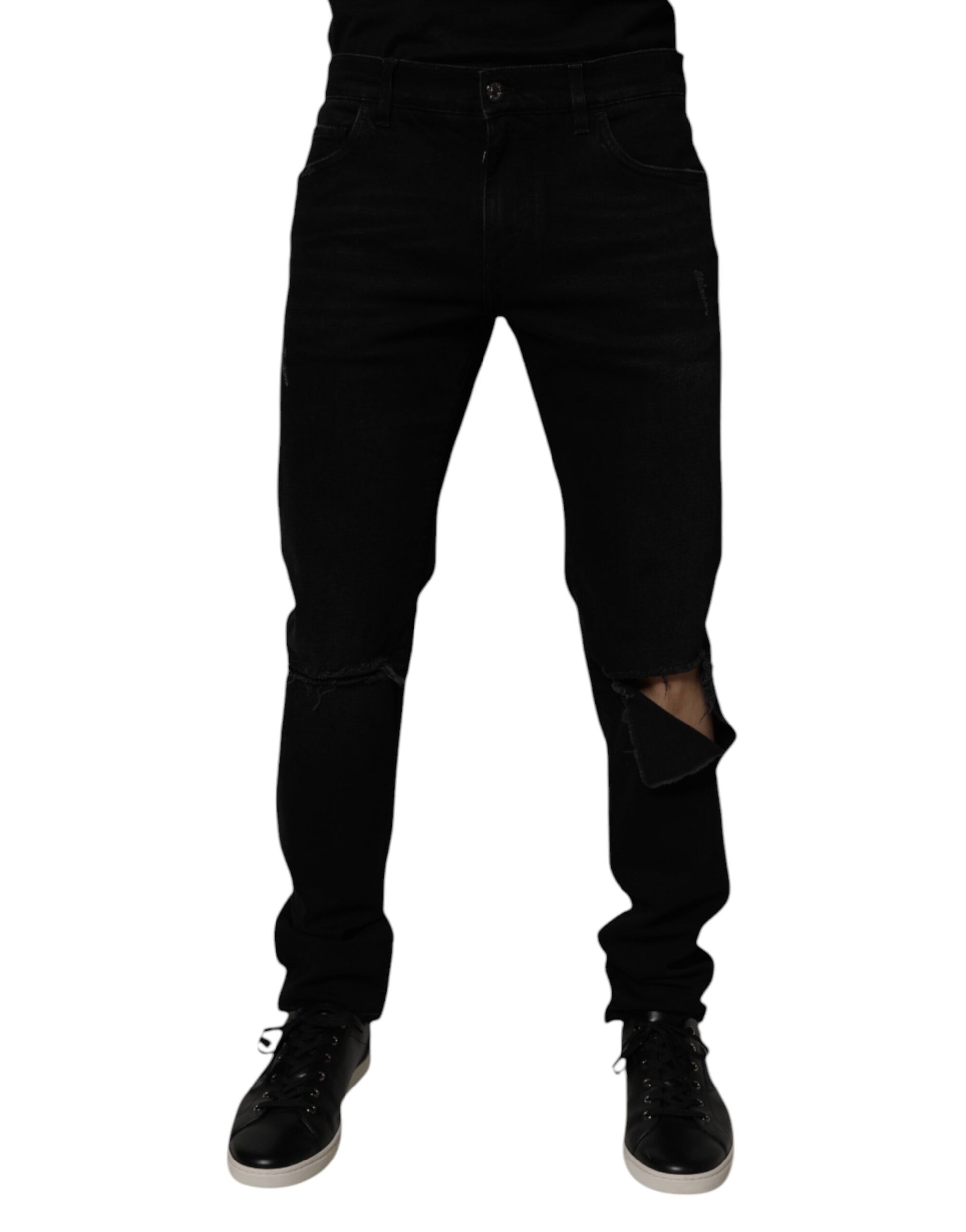 Black Cotton Tattered Skinny Men Denim Jeans