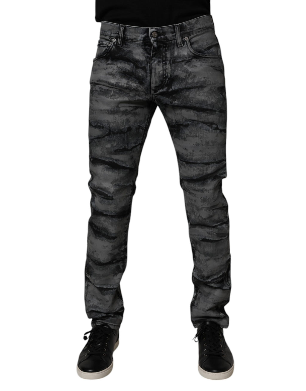 Gray Tie Dye Cotton Skinny Men Denim Jeans