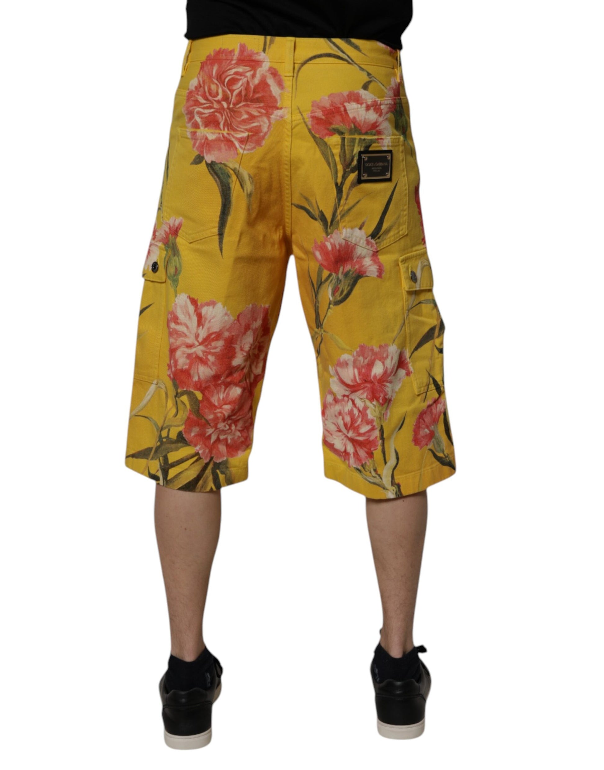Yellow Floral Cargo Denim Men Bermuda Shorts
