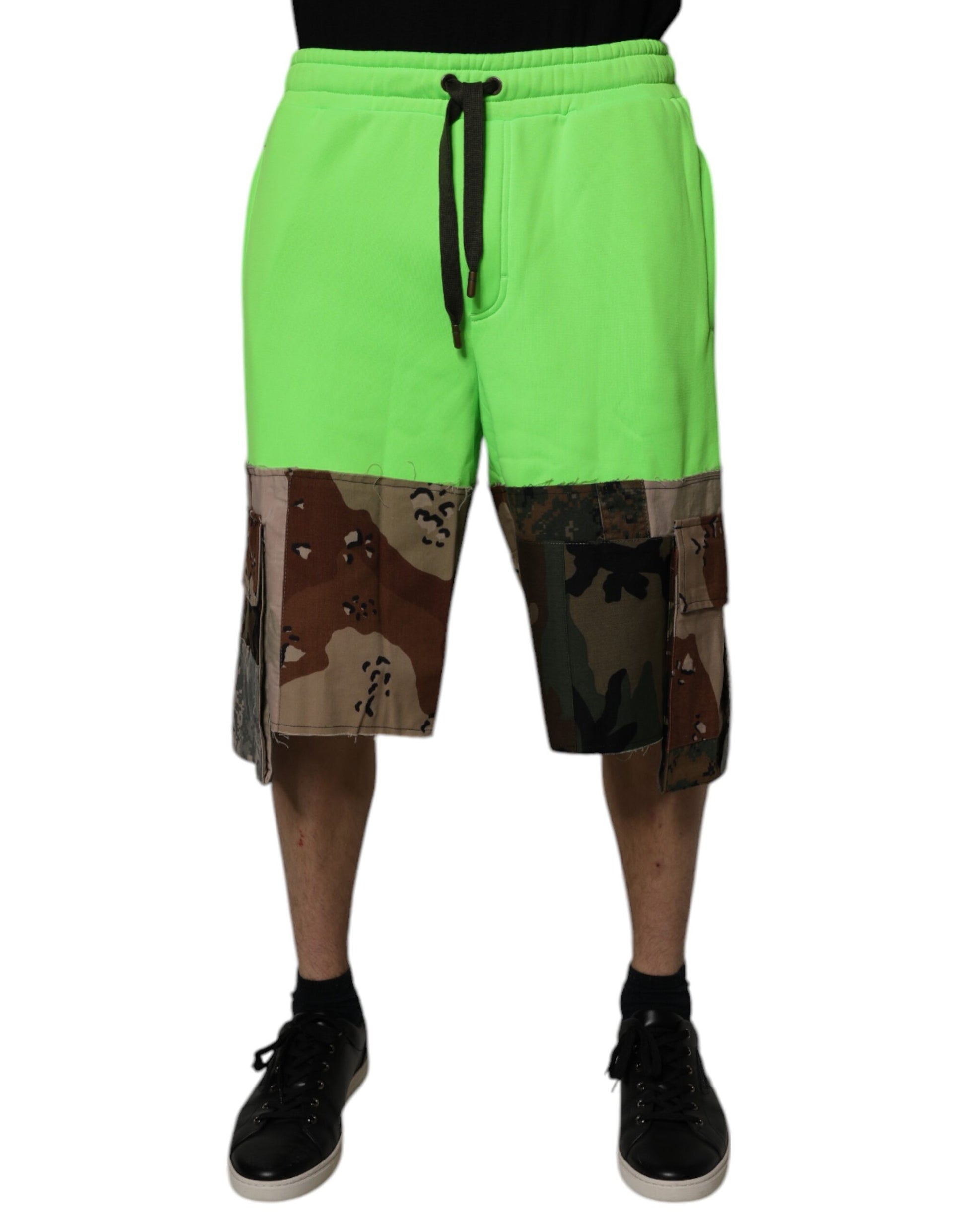Green Patchwork Cargo Bermuda Shorts