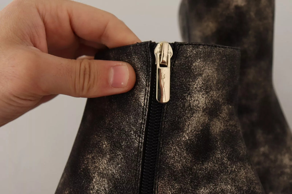 Black Leather Block Heels Ankle Boots Zipper Shoes