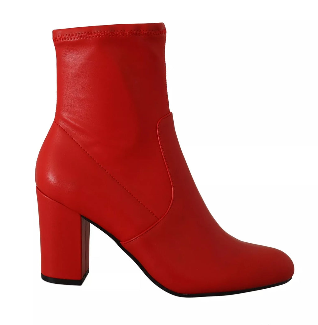 Red Leather Block Heels Ankle Boots Shoes