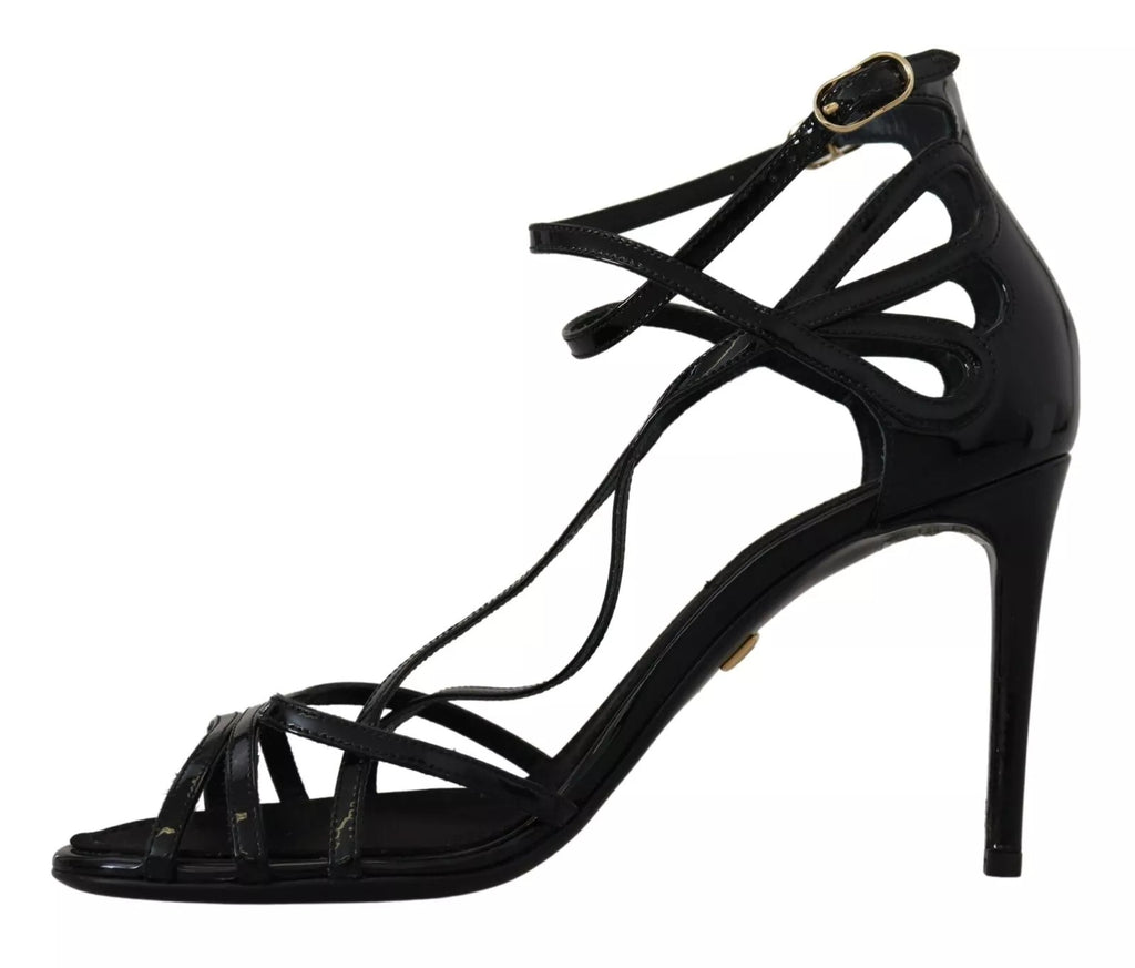 Black Leather Stiletto Heels Sandals Shoes