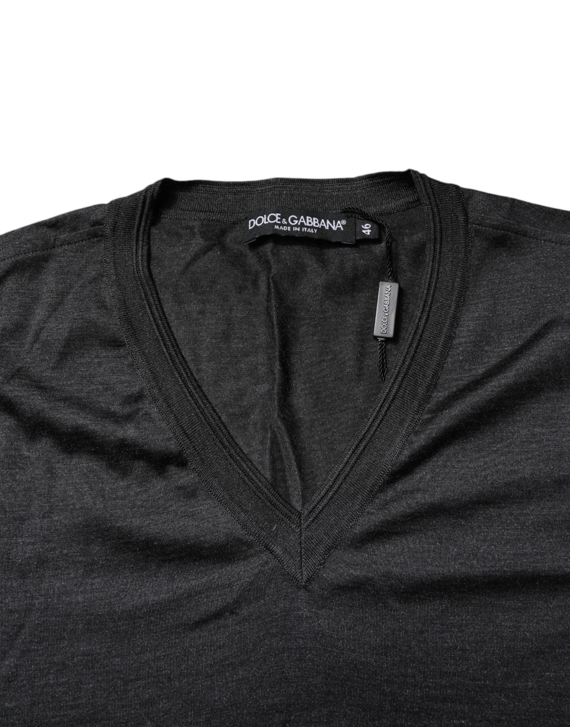 Dark Gray Silk V-neck Short Sleeves T-shirt