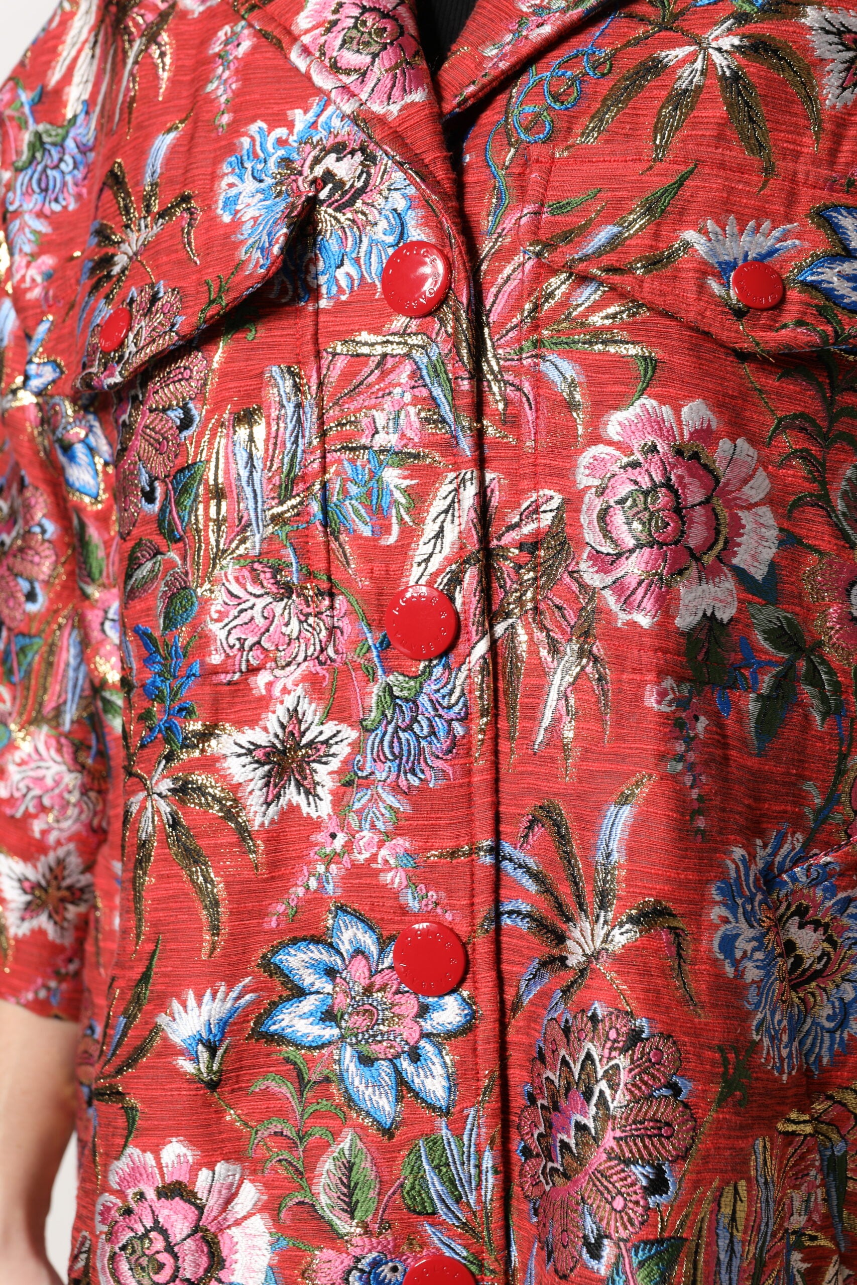 Red Floral Jacquard Button Down Coat Jacket