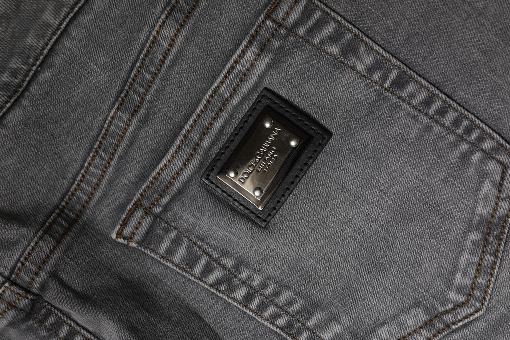 Gray Cotton Stretch Mid Waist Denim Mini Skirt