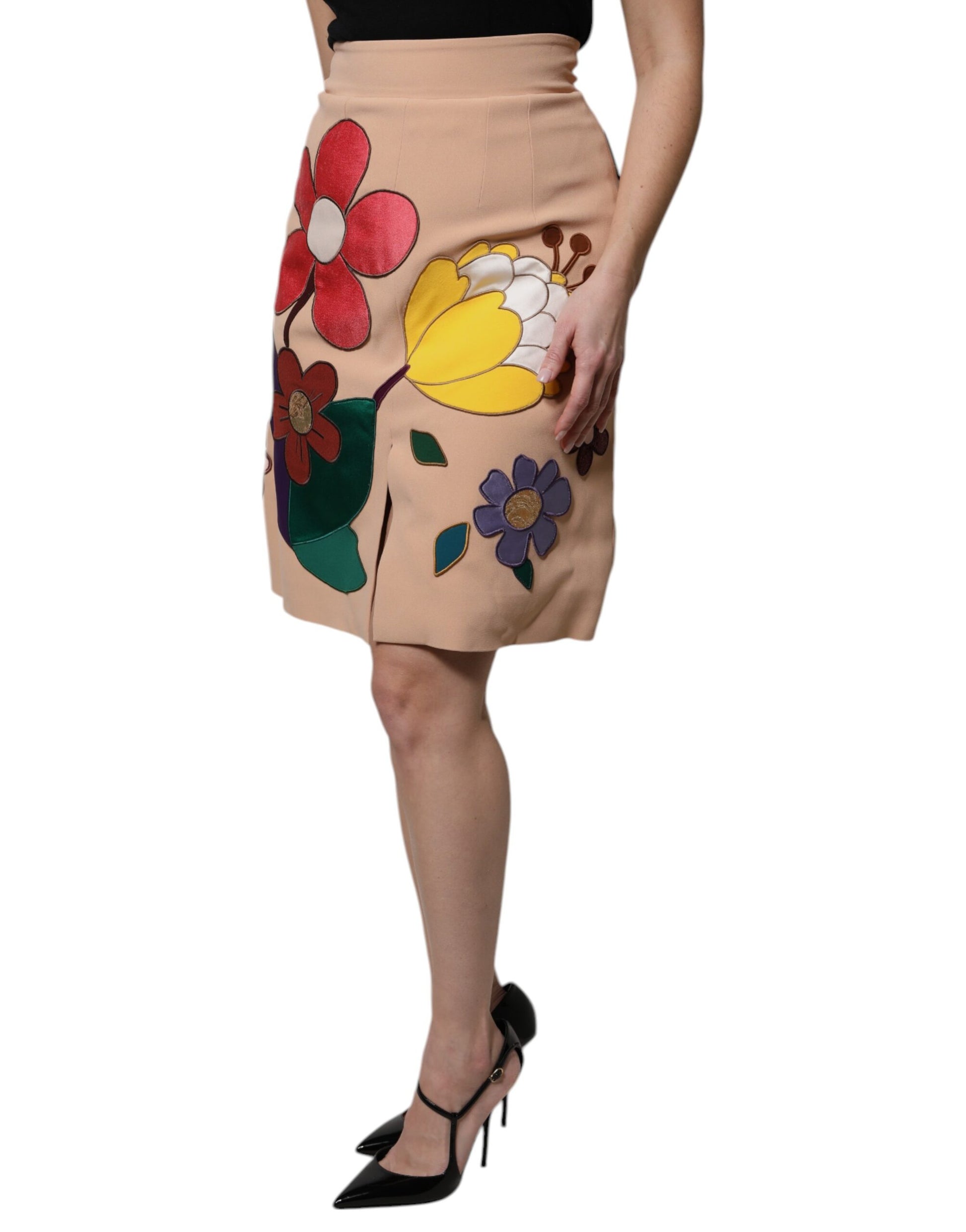 Beige Floral High Waist Pencil Cut Skirt