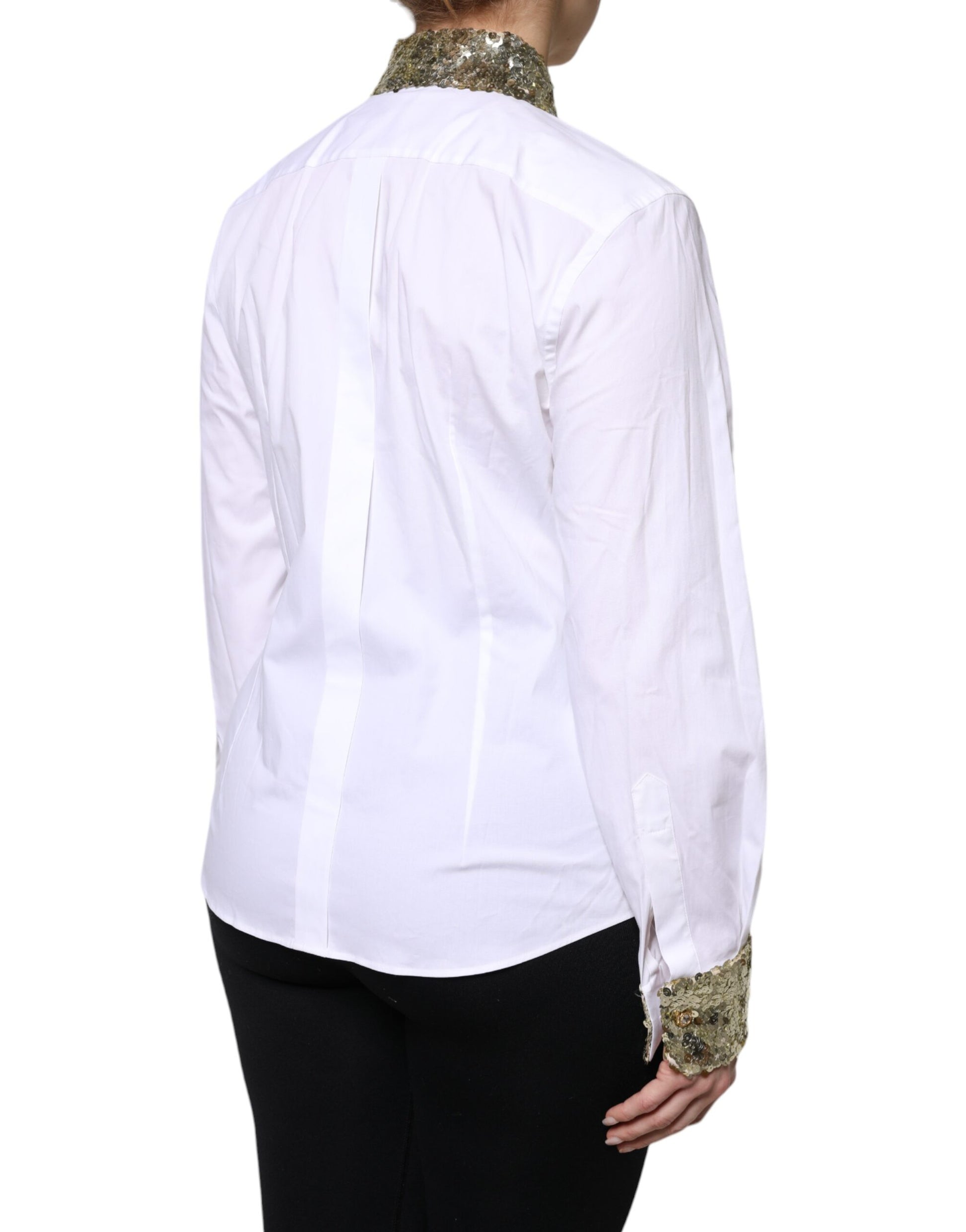 White Cotton Long Sleeves Sequin Shirt Top