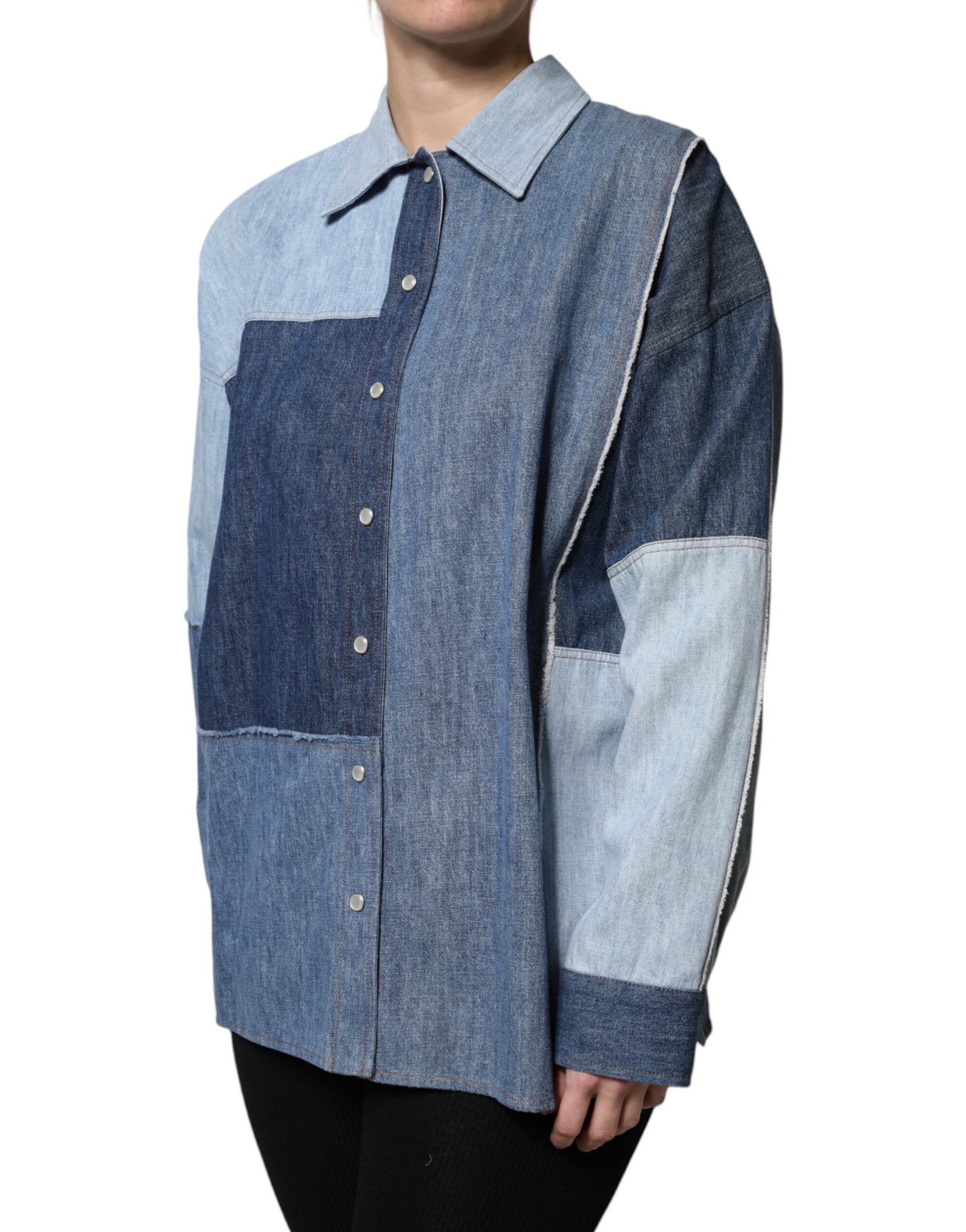 Blue Cotton Button Up Collared Long Sleeve Top